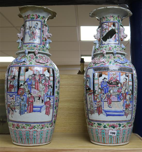 A pair of 19th century Chinese famille rose vases height 61cm (both a.f.)